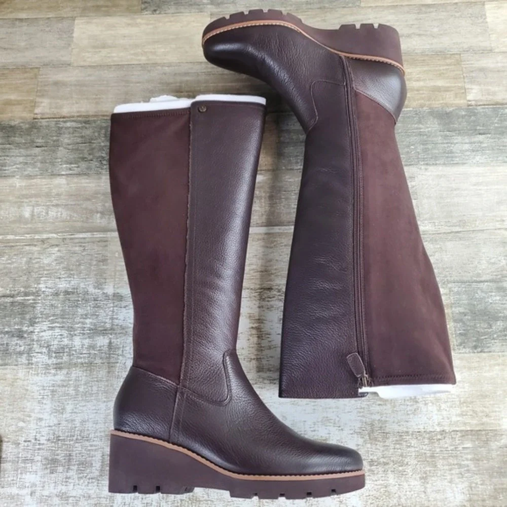 Vionic Ashland Womens Knee High Tall Wedge Boots Sz 9.5 W Chol Ganache Leather